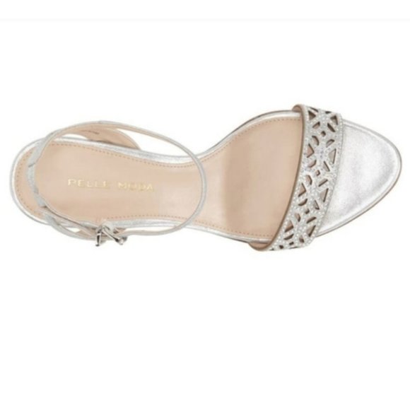 NWB Pelle Moda Silver Metallic Suede Rhinestone Kitten Heel Sandal Shoes - Picture 7 of 7